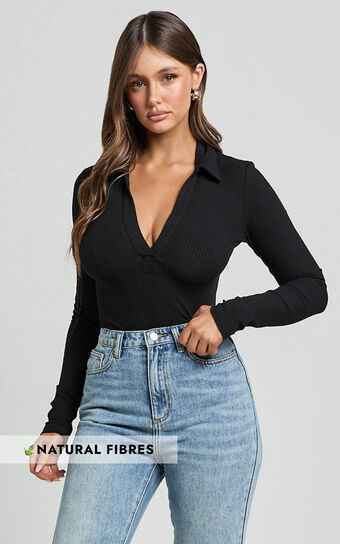 Amira Top - V Neck Long Sleeve Collared Bodysuit in Black