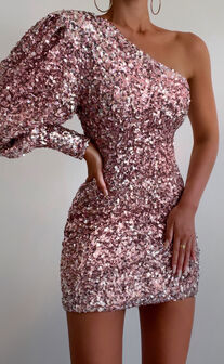 Luecia Mini Dress - Asymmetric One Shoulder Puff Sleeve Dress in Pink Sequin