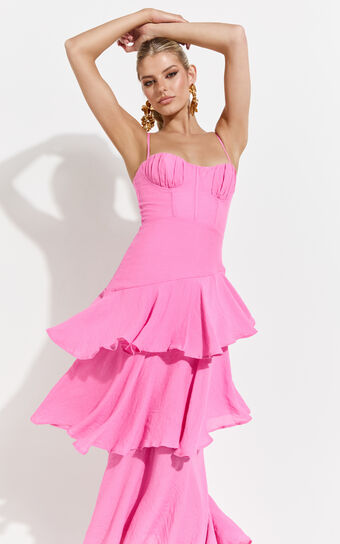 Diana Midi Dress - Sweetheart Ruched Bust Layered Dress in Hot Pink