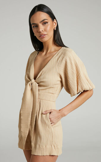Celestia Playsuit - Plunge Tie Front Puff Sleeve Playsuit in Sand