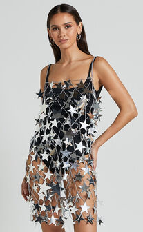 Alodia Mini Dress - Star Detail Diamante Net Dress in Silver