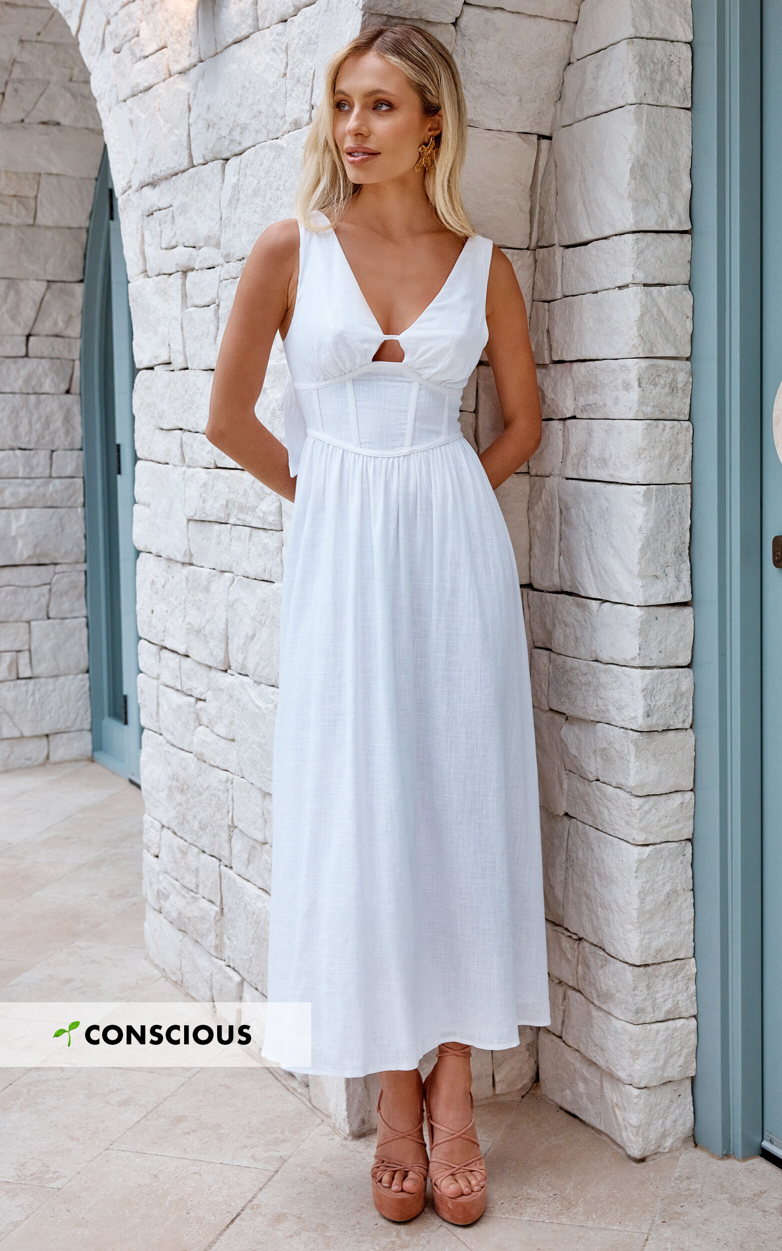 Amalie The Label - Chamika Linen Blend Bustier Double Tie Back Midi Dress in White - 06, WHT2