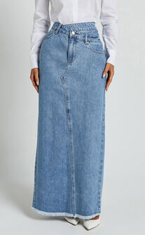 Evelyn Maxi Skirt - High Asymmetrical Waist Frayed Hem Denim Skirt in Mid Blue Wash