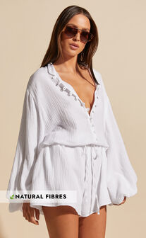 Laylani Playsuit - V Neck Puff Sleeve in White