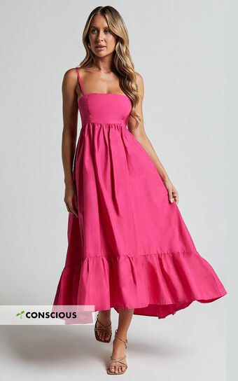 Aveiro Midi Dress - Straight Neck Shoulder Tie High Low Ruffle Hem in Raspberry