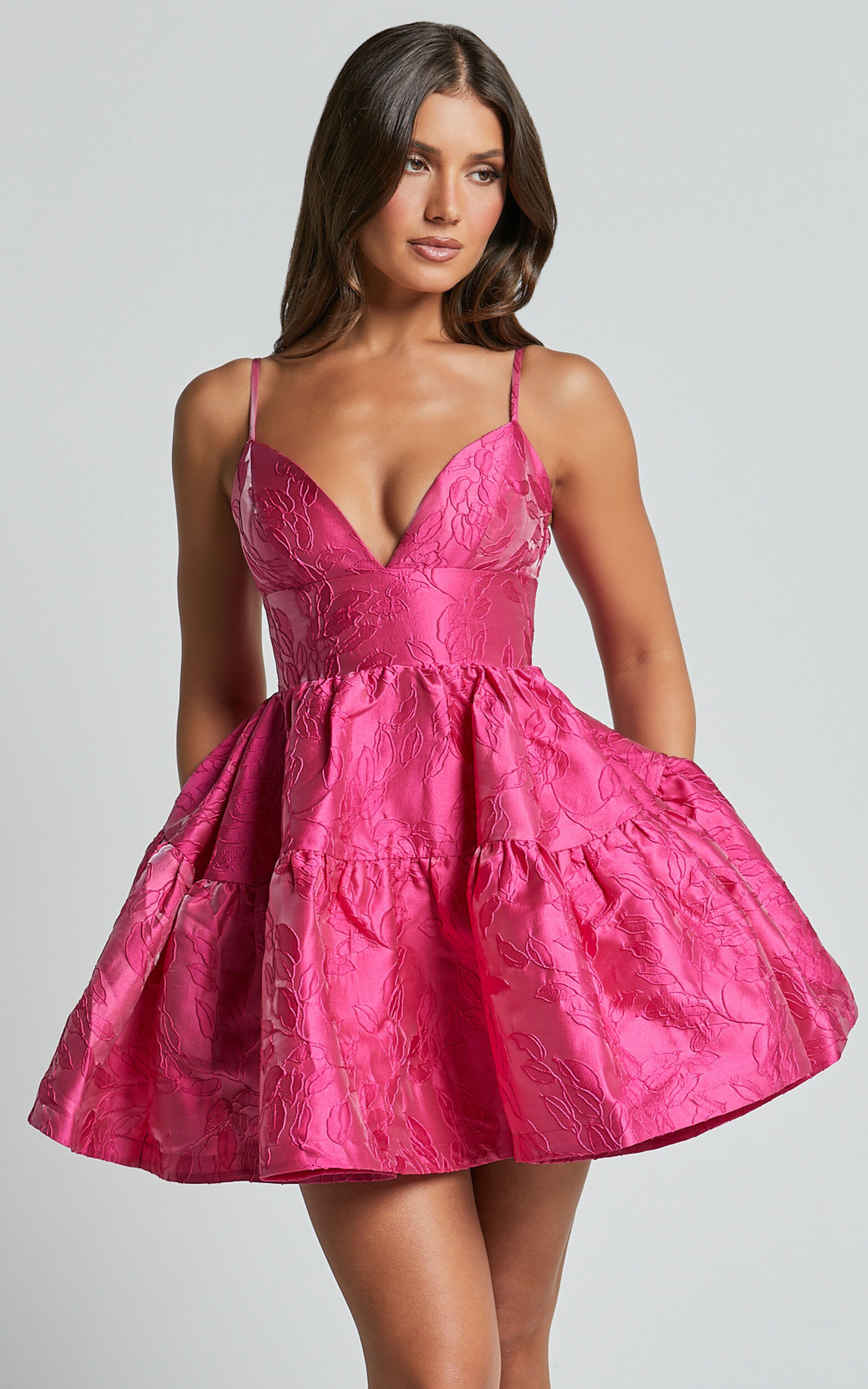 Britany Mini Dress - V Neck Tiered Strappy Tiered Fit and Flare Dress in Fuchsia - 06, PNK1