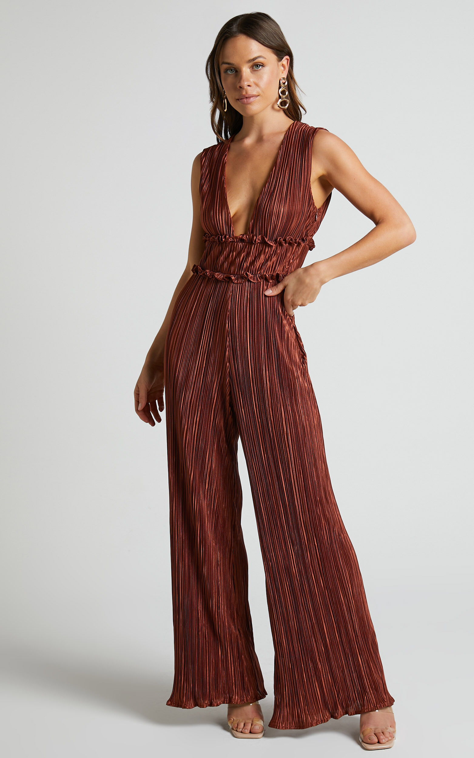 Armida Jumpsuit Plunge Neck Wide Leg Plisse Jumpsuit in Copper
