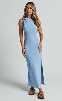 Jessenia Midi Dress - Linen High Neck Dress in Blue