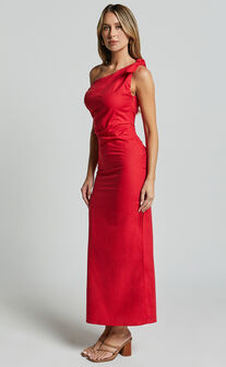 Cincinnati Midi Dress - Off The Shoulder Side Split Column Linen Look Dress in Red