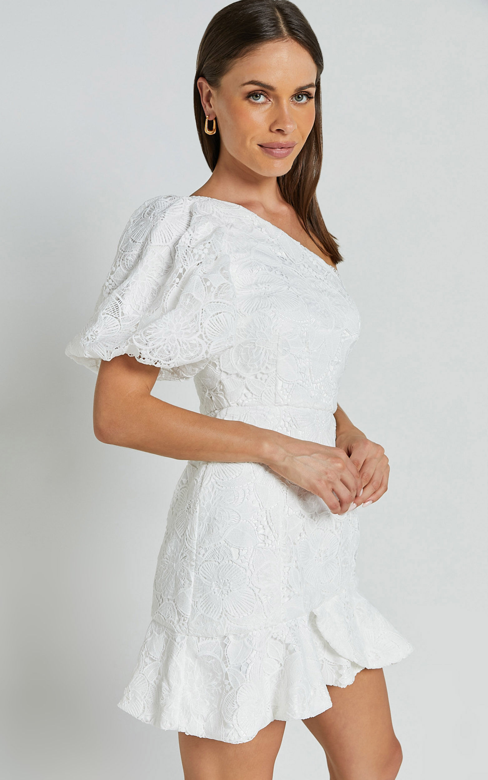 Jenny Mini Dress - One Shoulder Side Cut Out Lace Dress in White | Showpo