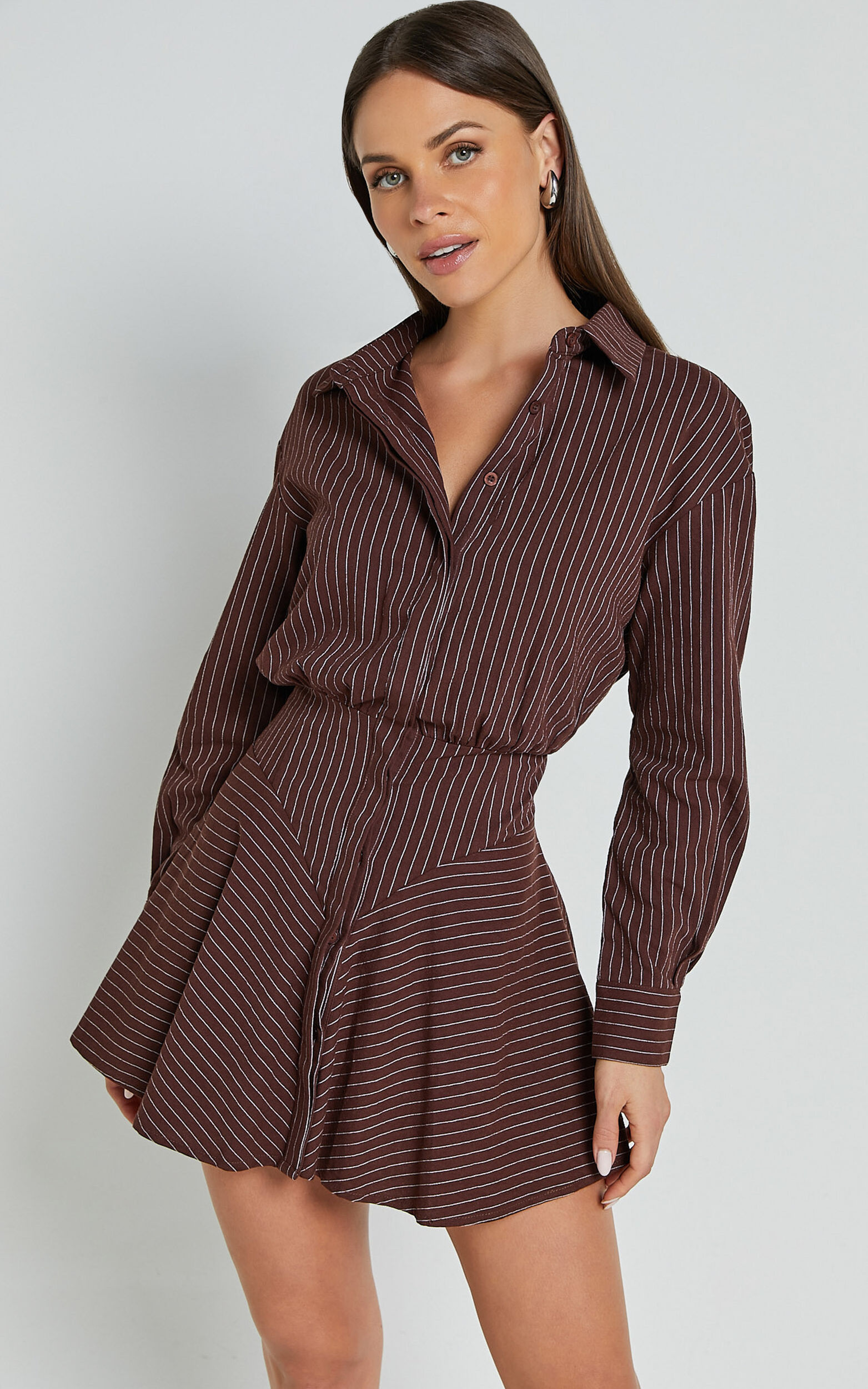 Whitney Mini Dress - Linen Long Sleeve Shirt Dress in Chocolate Pinstripe - 06, BRN1