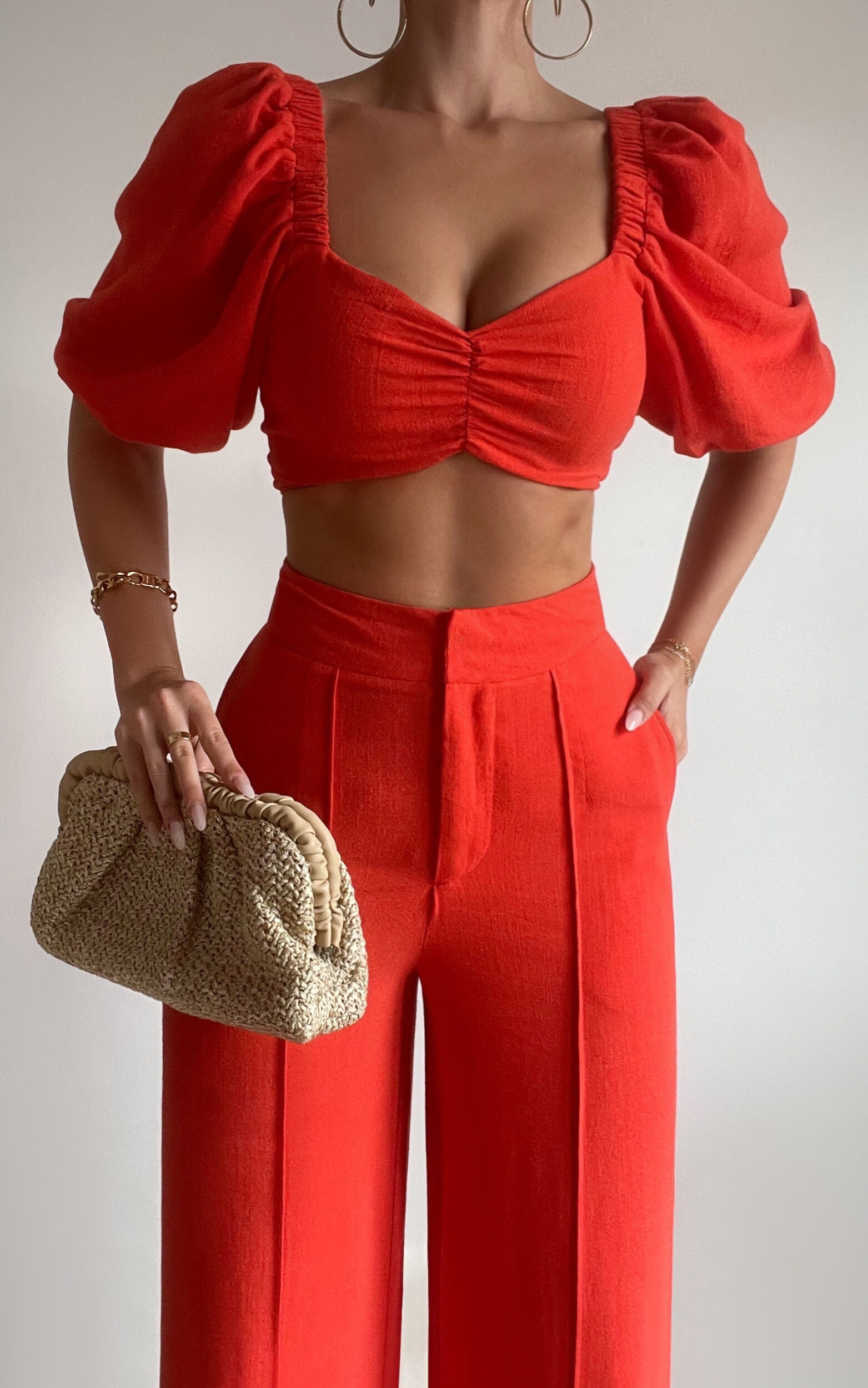Aleydise Two Piece Set - Linen Puff Sleeve Gathered Crop Top and Pants Set in Burnt Orange - 06, ORG1