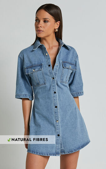 Leilani Mini Dress - Denim Short Sleeve Button Up Dress in Mid Blue