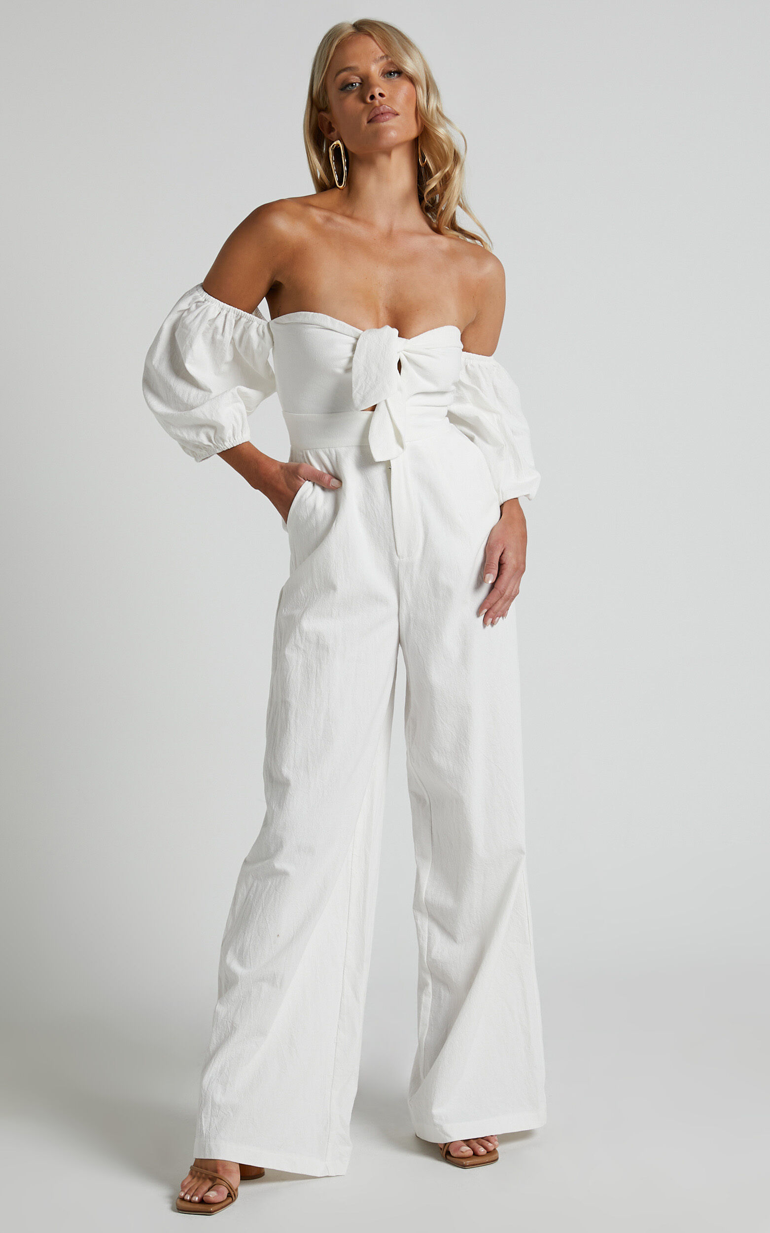 Maja Jumpsuit Front Tie Off Shoulder Jumpsuit in Off White Showpo EU