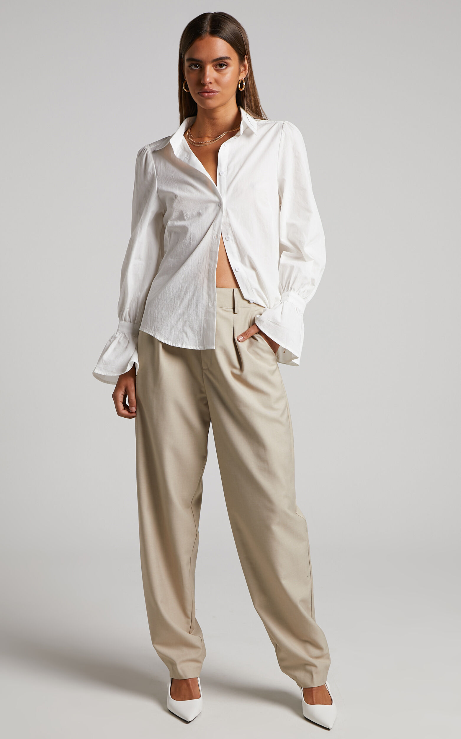 Riggie Shirt - Button Up Flared Sleeve Cotton Shirt in White
