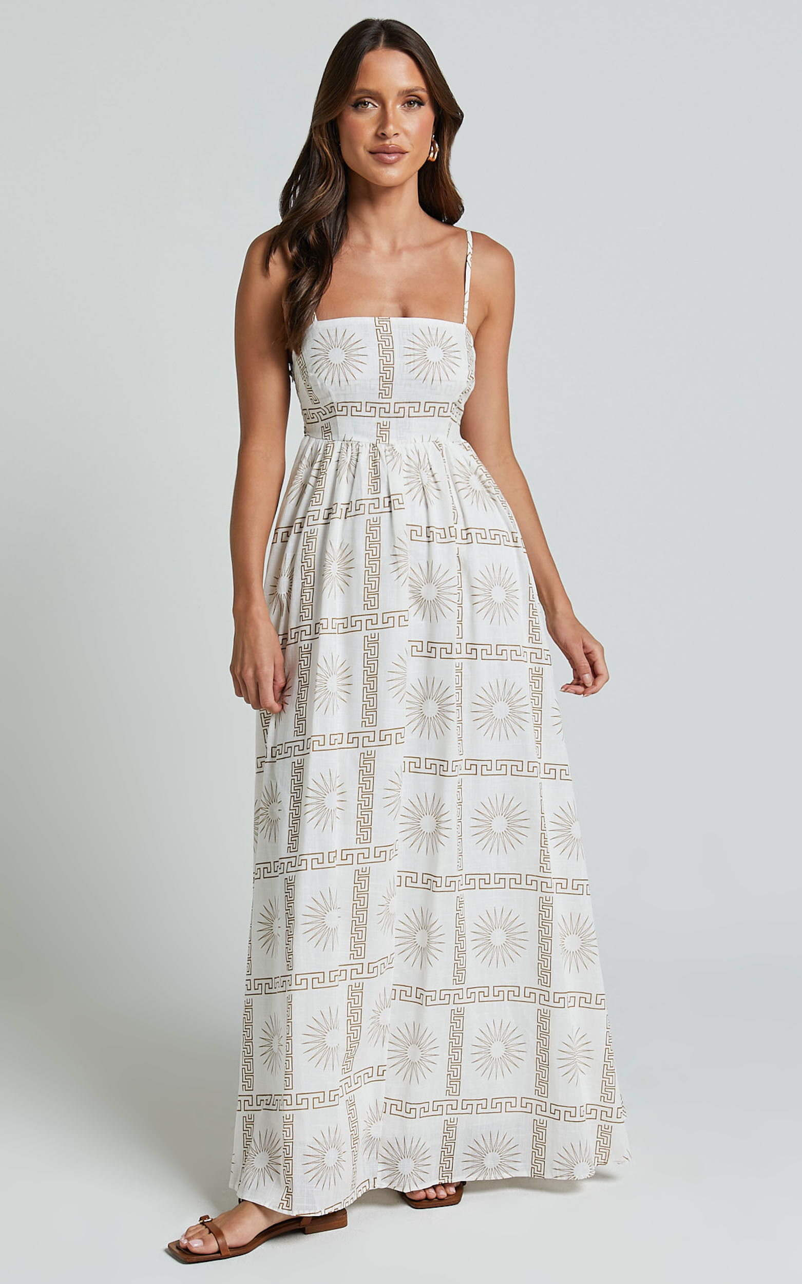 Abbey Maxi Dress Strappy Straight Neck A Line Dress in White Brown Sun Print