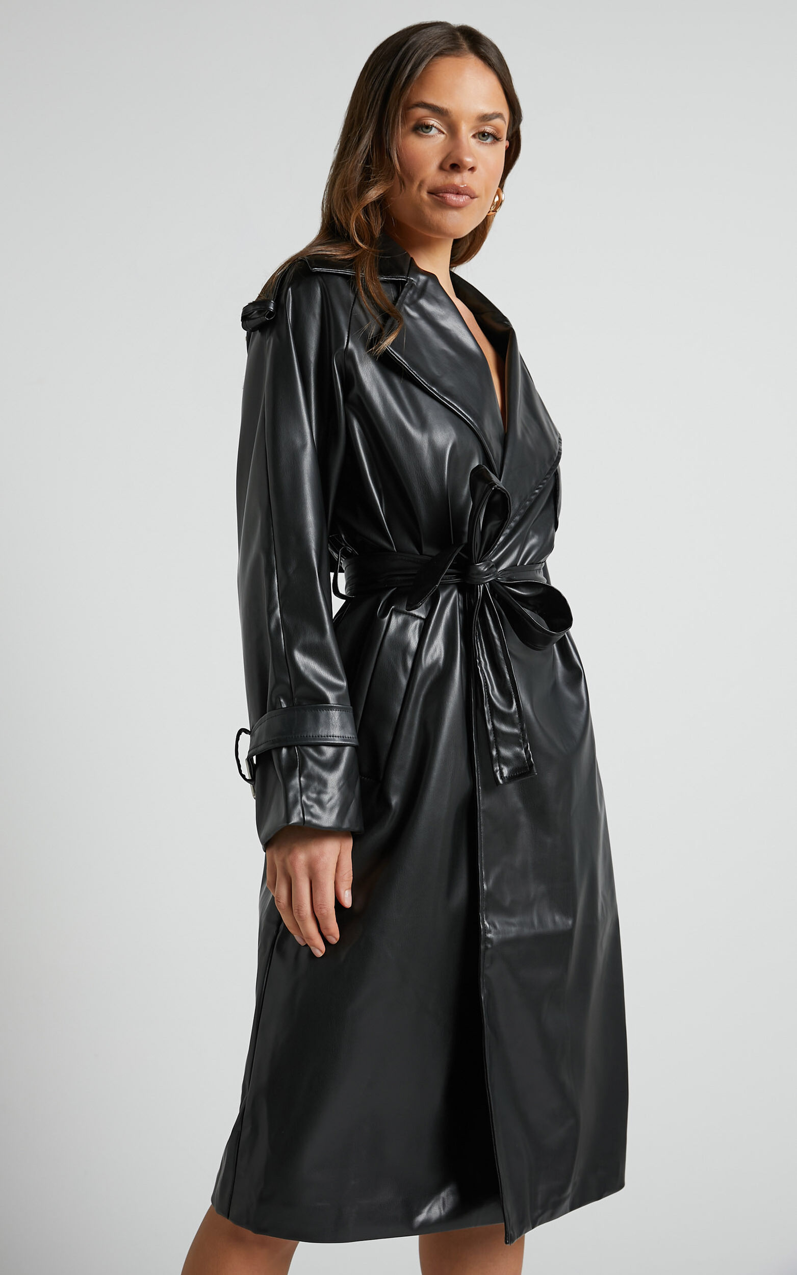 Viola Coat - Faux Leather Open Collar Coat in Black | Showpo