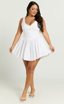Ashlyn Mini Dress - Scoop Neck V Waist Gathered Dress in White