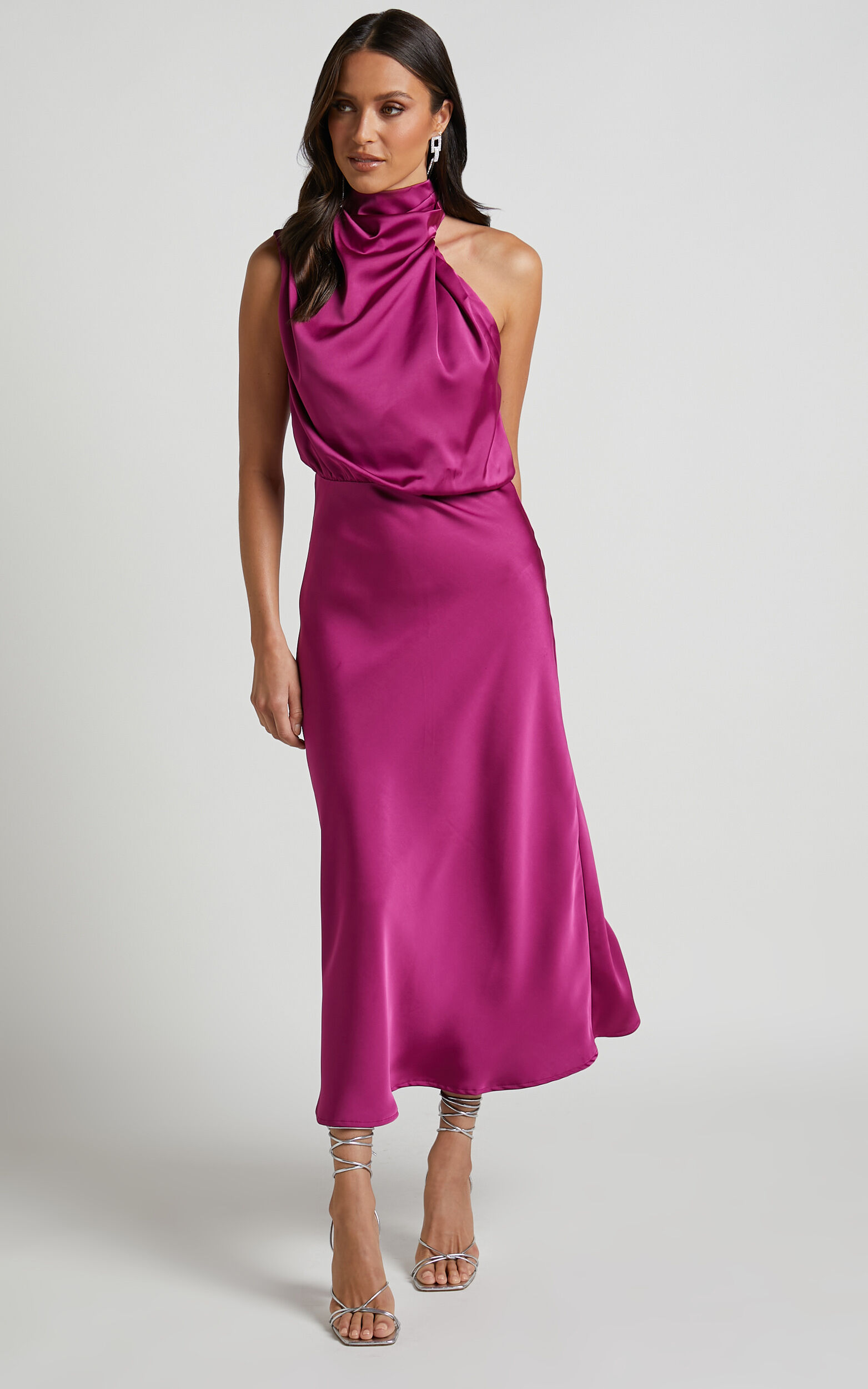Minnie Midi Dress - Drape Neck Satin Slip Dress in Purple - 06, PRP1