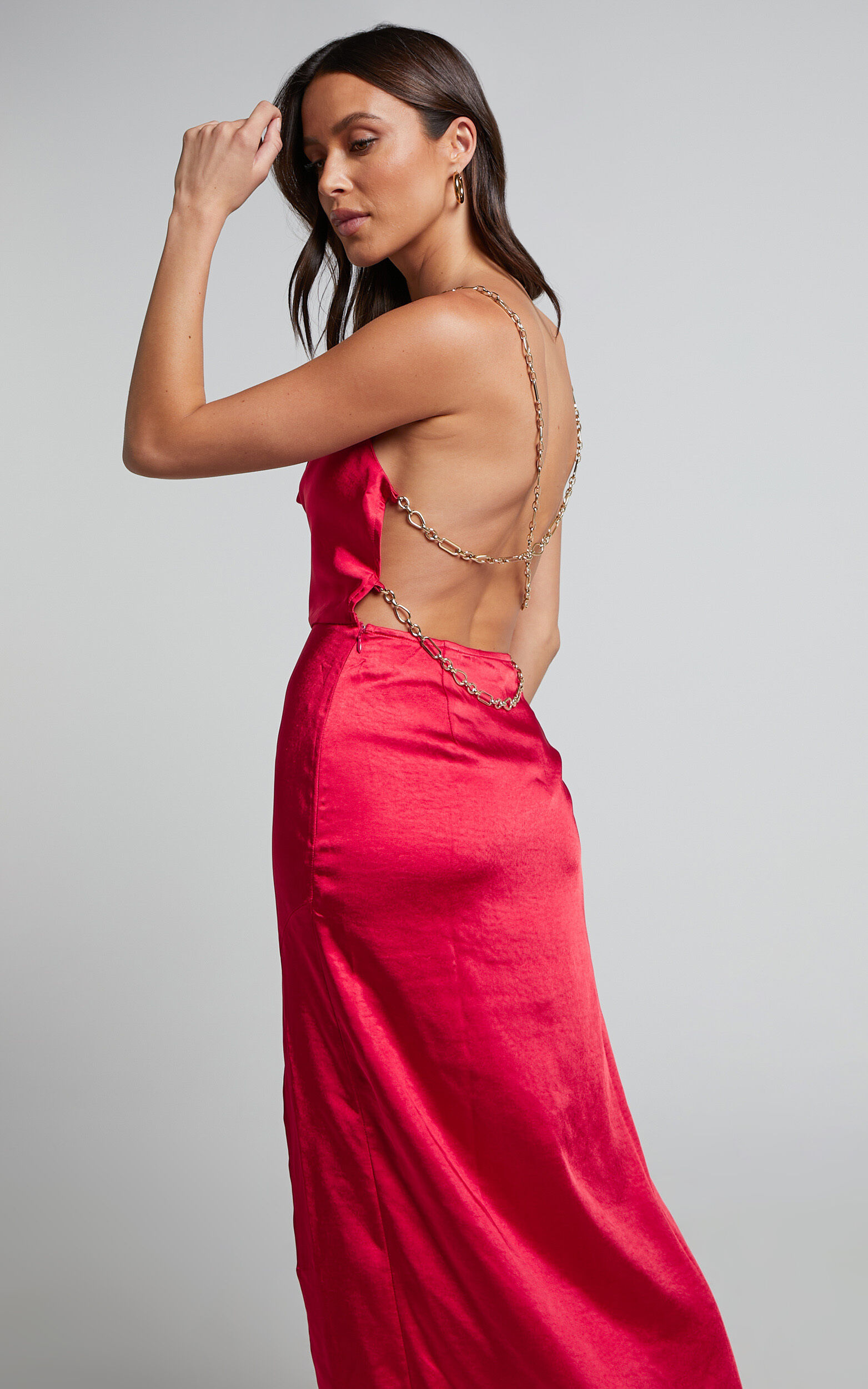 Bravia Maxi Dress Chain Strap Open Back Satin Dress in Red Showpo