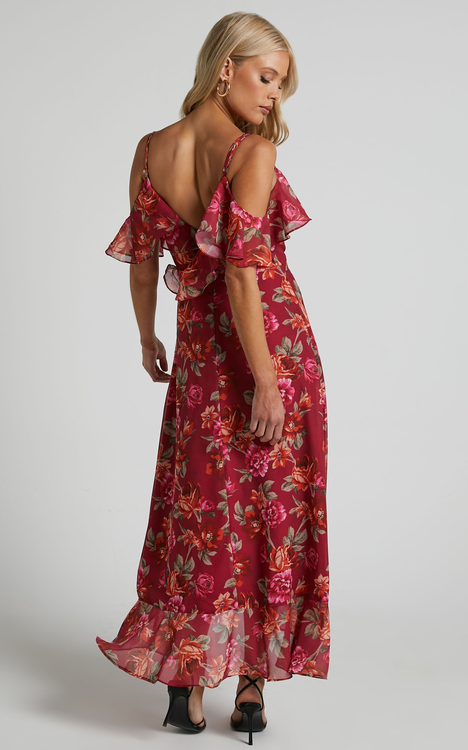 Warrior Midi Dress Cold Shoulder Ruffle Top Dress in Autumn Rose Showpo