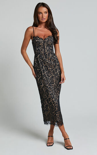 Makenzie Midi Dress - Strappy Corset Lace Slip Dress in Black