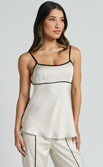 Bobbie Top - Contrast Piping Detail Satin Top in Oyster