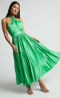 Eloise Midi Dress - Halter Neck Pleated Dress in Jewel Green