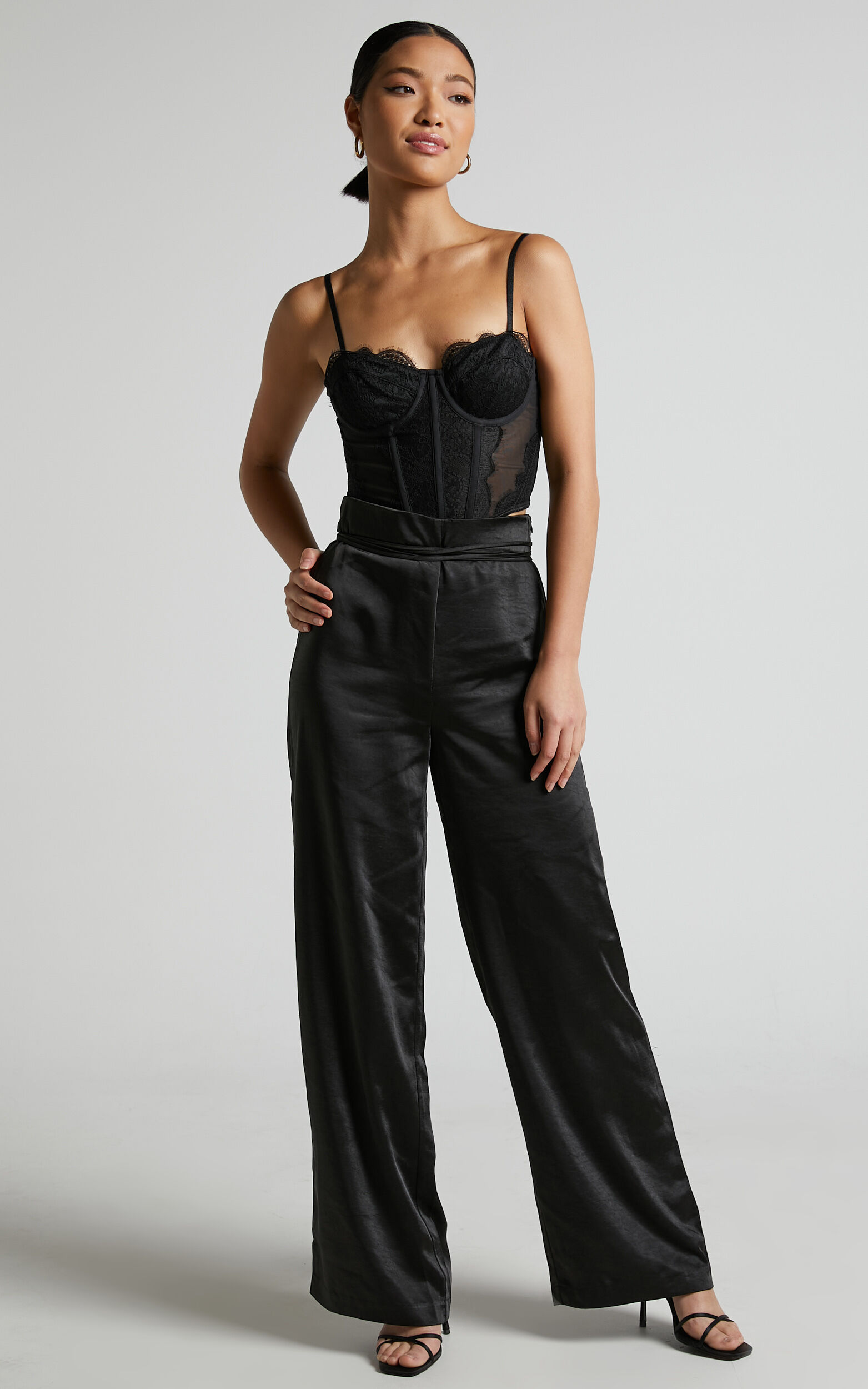 Almaeh Pants High Waisted Tie Waist Wide Leg Satin Pants in Black