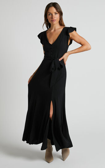 Vance Midi Dress - Linen Look Open Back Dress in Black
