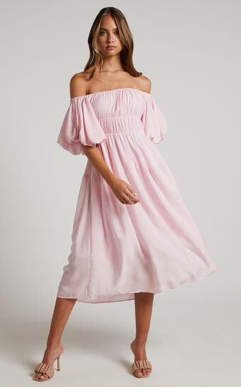 Peyton Midi Dress - Off Shoulder Puff Sleeve Tiered Dress in Pale Pink