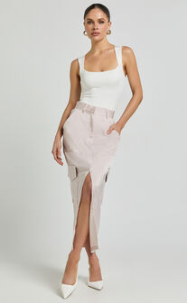 Mariya Midi Skirt - High Waisted Front Split Cargo Skirt in Pearl