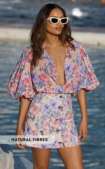 Amalie The Label - Sabine Puff Sleeve Button Through Blouse in Aurora Print