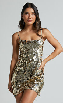 Cleo Mini Dress - Circle Sequin Mini Dress in Light Gold