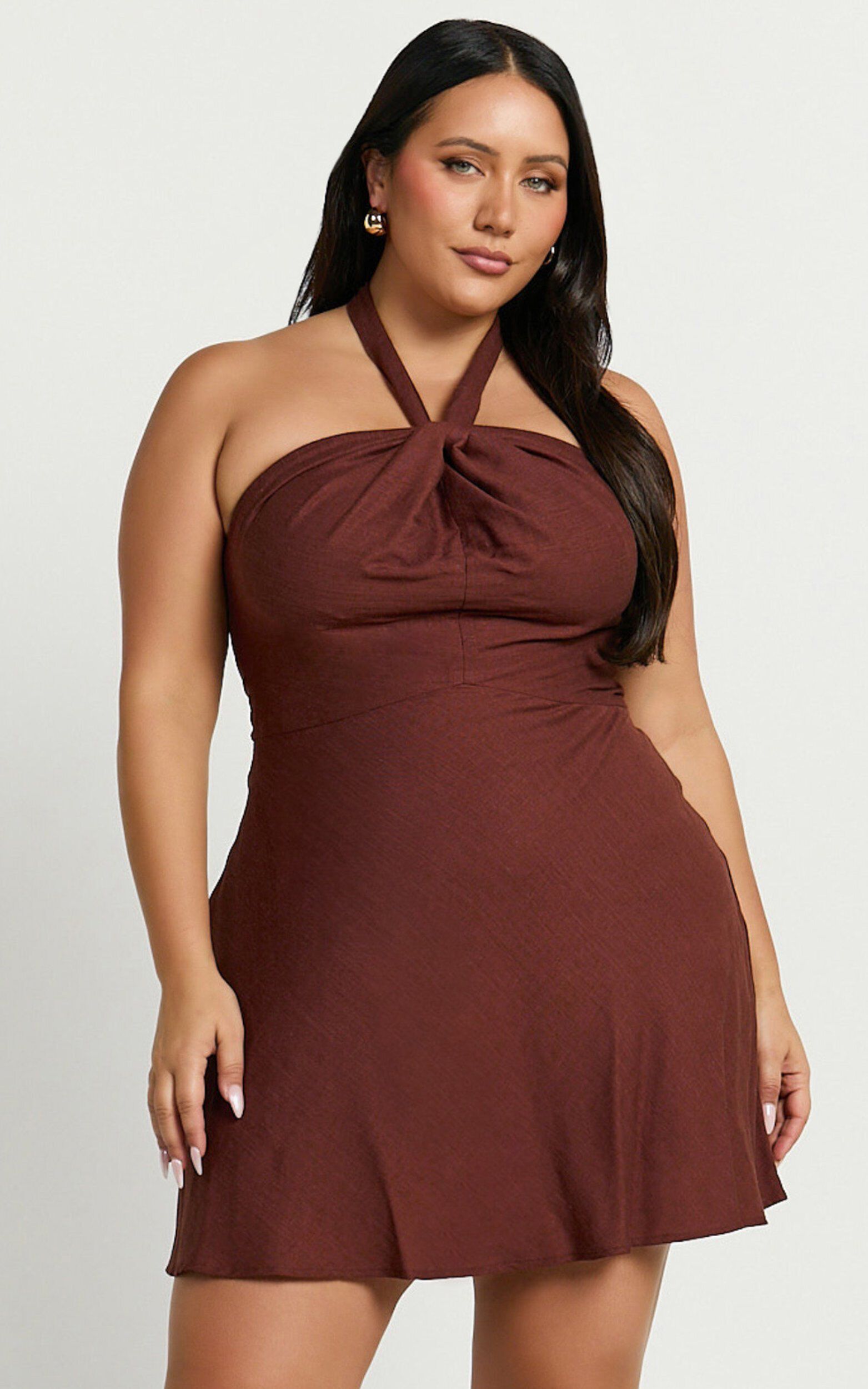Louie Mini Dress - Linen Look Halter Neck Dress in Chocolate | Showpo USA