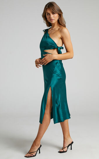 Glaucus Midi Dress - One Shoulder Cut Out Dress in Emerald Satin