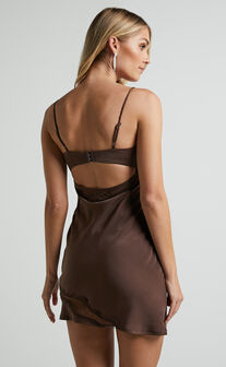 Becki Mini Dress - Bust Cup with Lace Insert Satin Dress in Chocolate