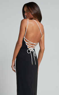 Diane Midi Dress - One Shoulder Strap Back Split Slip Dress in Black