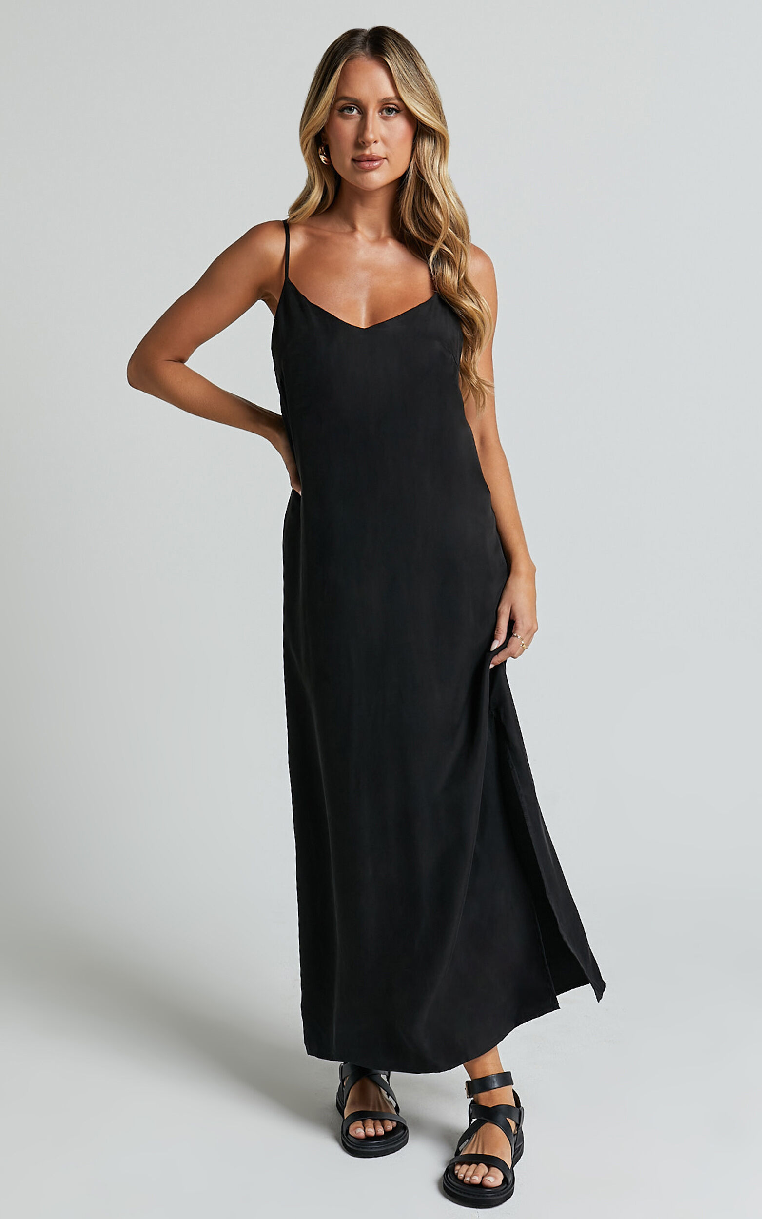 Kaeshia Midi Dress - Strappy V Neck Cupro Slip Dress in Black - 06, BLK1