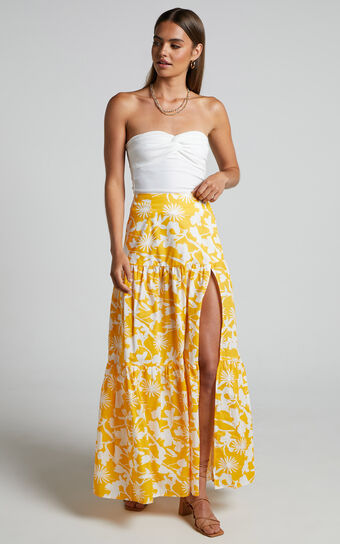 Evita Midi Skirt - Drop Waist Thigh Split Tiered Skirt in Yellow Floral