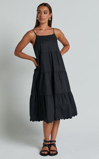 Siony Midi Dress - Scoop Neck Strappy Scallop Hem Tiered Dress in Black
