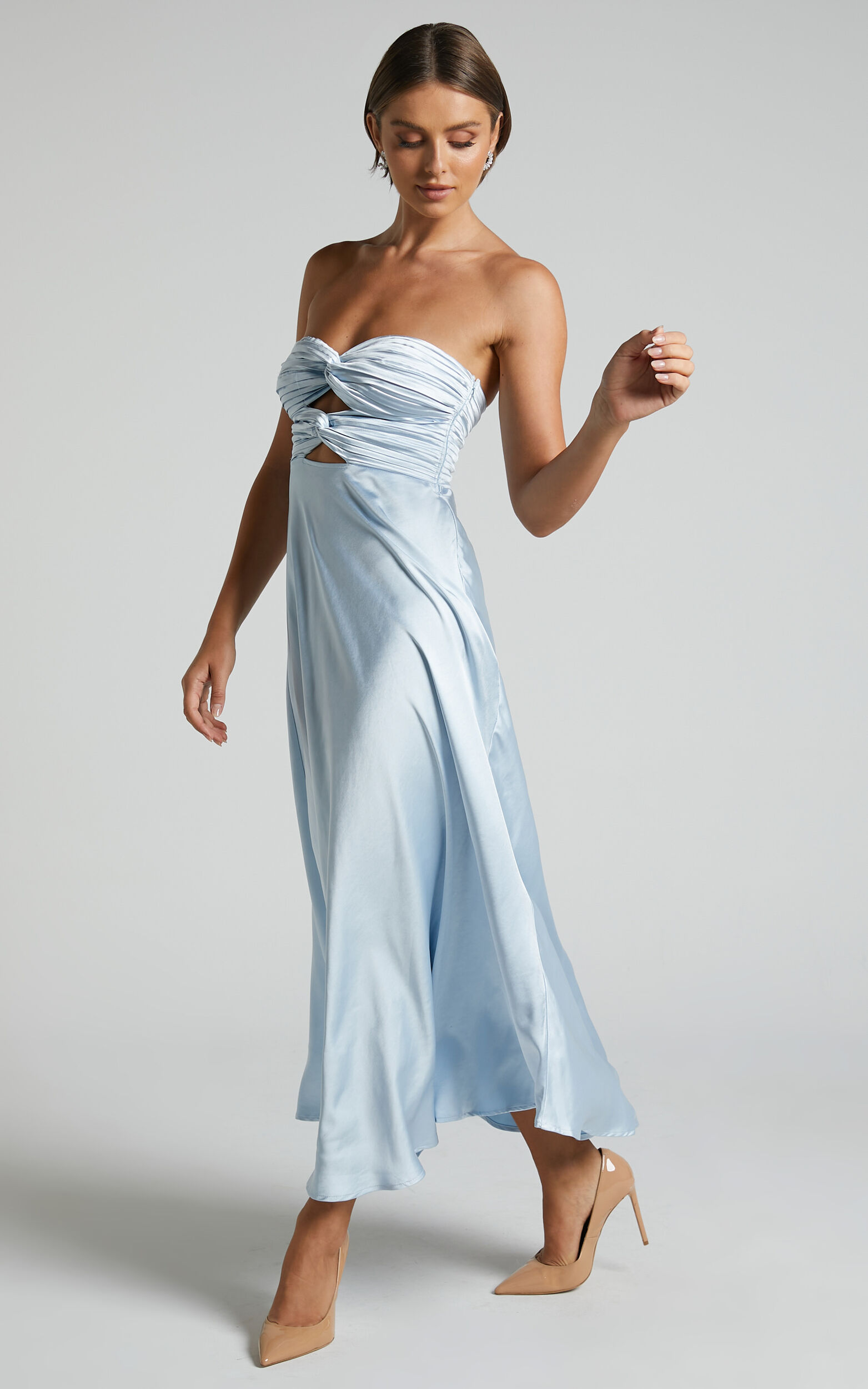 Almaeh Midi Dress - Twist Front Cut Out Strapless Slip Dress in Pale Blue