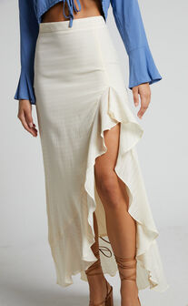 Aeditha Midi Skirt - Linen Look Wrap Skirt in Off White