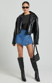 Ronnie Skort - Mid Waist Lace Up Denim Skort in Dark Blue Wash | Showpo USA