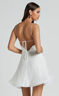 Adeline Mini Dress - Gathered Bust V Neck Rosette Detail Dress in White