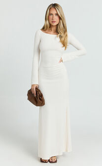 Ayla Maxi Dress - Off Shoulder Flared Sleeve Bodycon Dress in Off White