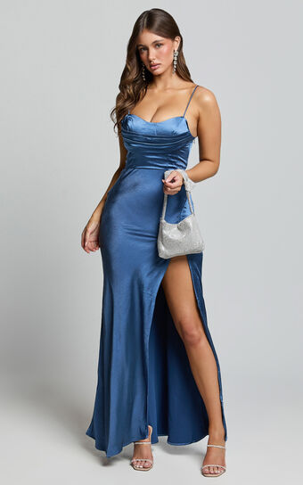 Brody Midi Dress - High Split Bodice Slip Dress in Steel Blue