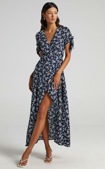 Picking It Up Wrap Maxi Dress in Navy Floral