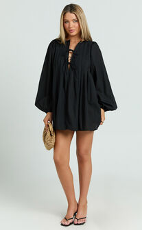Suzette Mini Dress - High Neck Tie Front Long Sleeve Pleat Front Babydoll Dress in Black