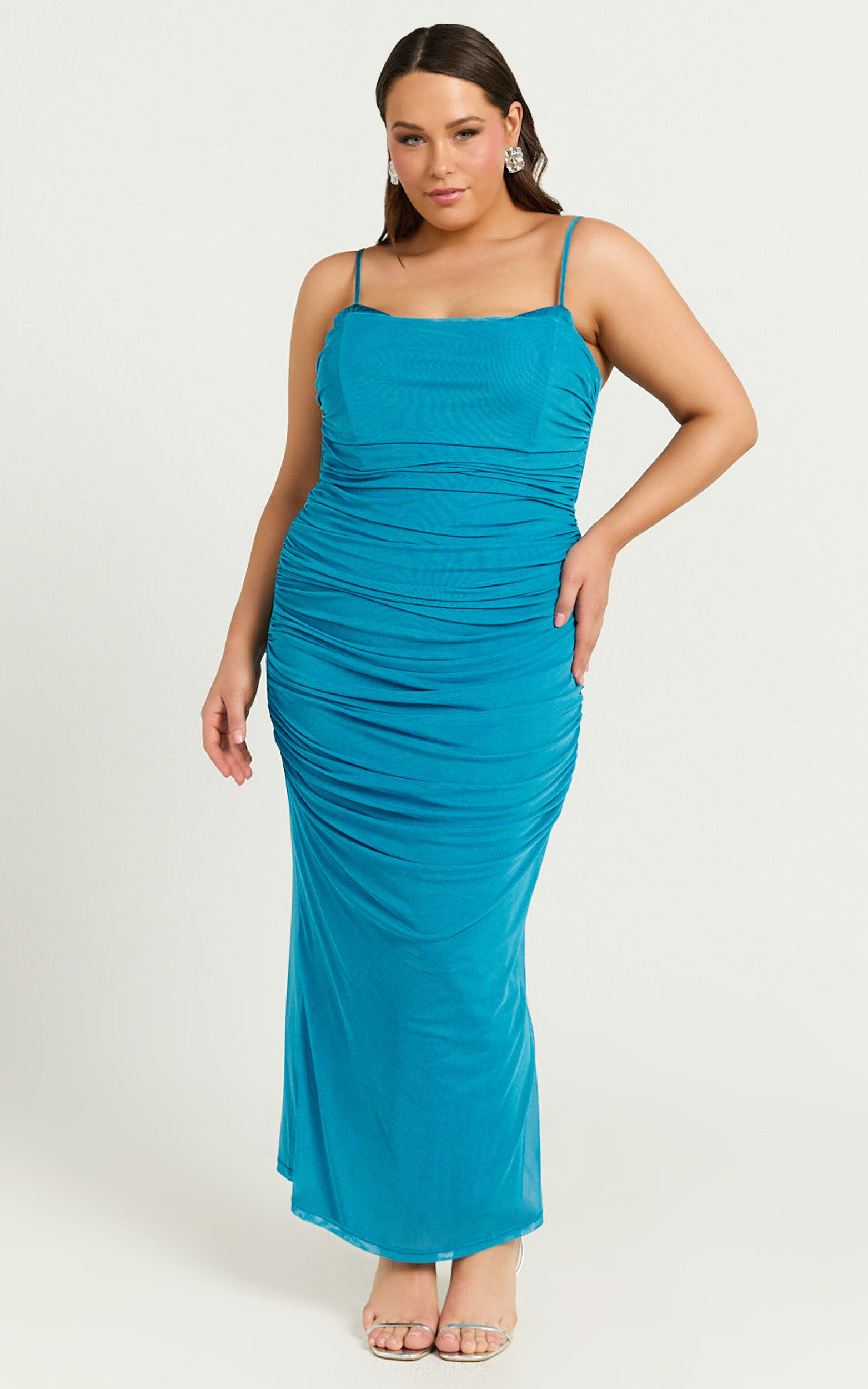 Rosalez Midi Dress Strappy Ruched Bodycon Dress in Blue Showpo NZ